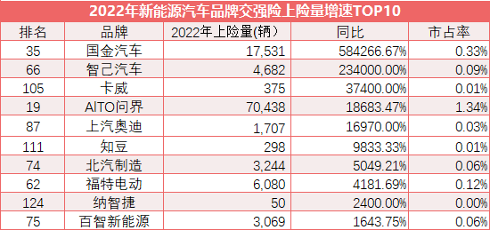 2022年新能源销量全景图：有车企最大增幅近六千倍、32个品牌年销不足百辆