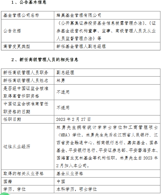 蜂巢基金新任林勇为公司副总经理 曾任职于国海富兰克林基金等机构